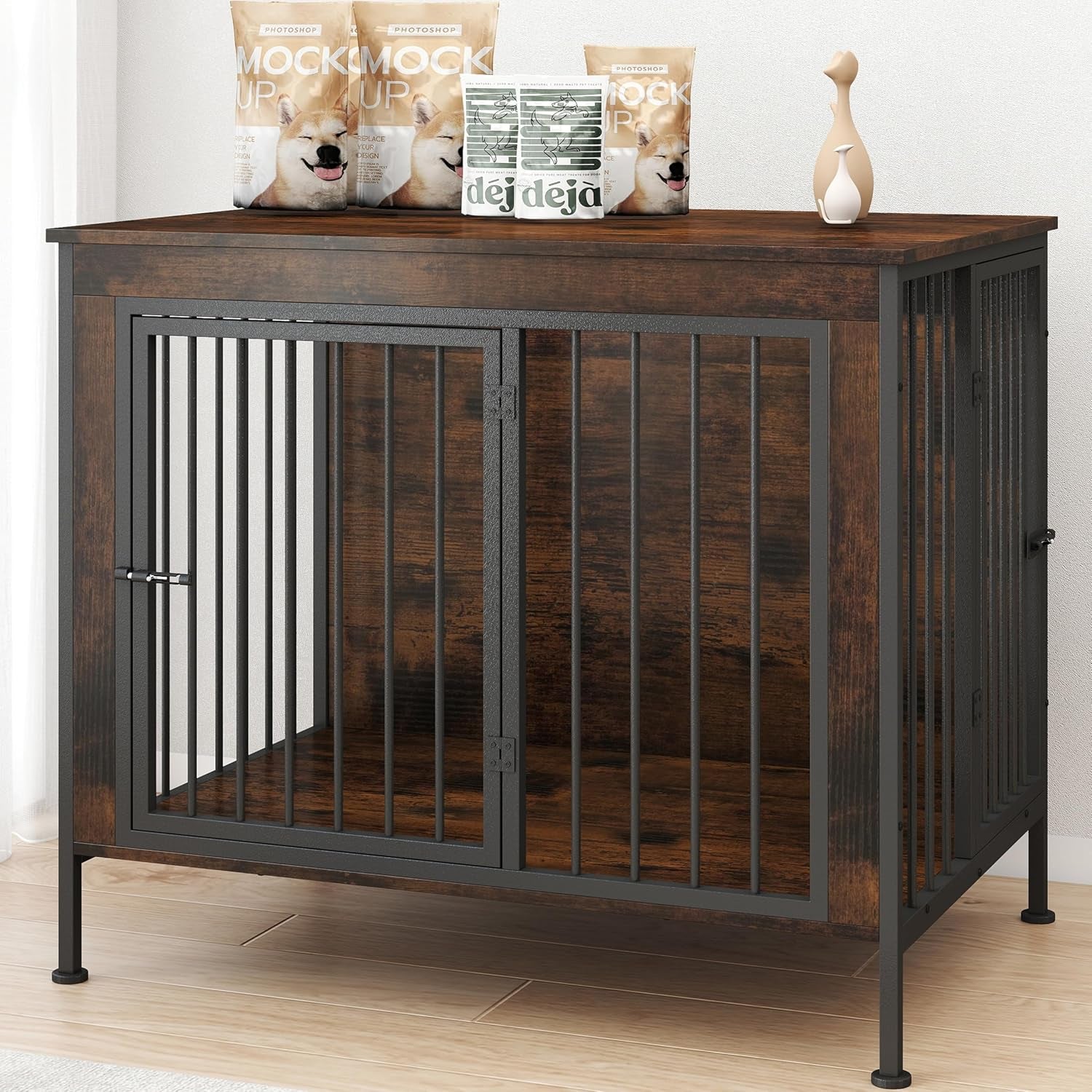 32 Inch Wooden End Table Dog Crate Furniture with Multiple Secure Locks, Heavy Duty Indoor Dog Kennel for Medium Dogs, Decorative Pet Cage for Home Use,Aged Black