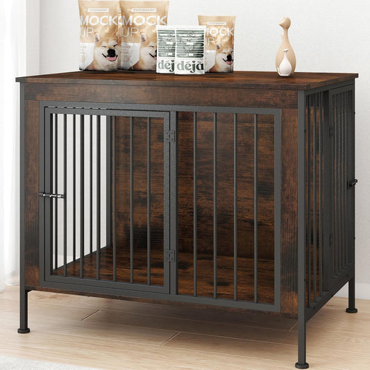 32 Inch Wooden End Table Dog Crate Furniture with Multiple Secure Locks, Heavy Duty Indoor Dog Kennel for Medium Dogs, Decorative Pet Cage for Home Use,Aged Black