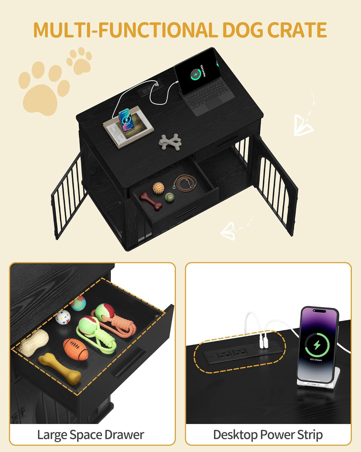 43.3'' Large Dog Crate Furniture with 2 Storage Drawers, Heavy Duty Dog Kennel Indoor with Charging Station, Wooden Dog Cage End Table Kennel for Medium/Large Dogs, White Brown DFC88214B