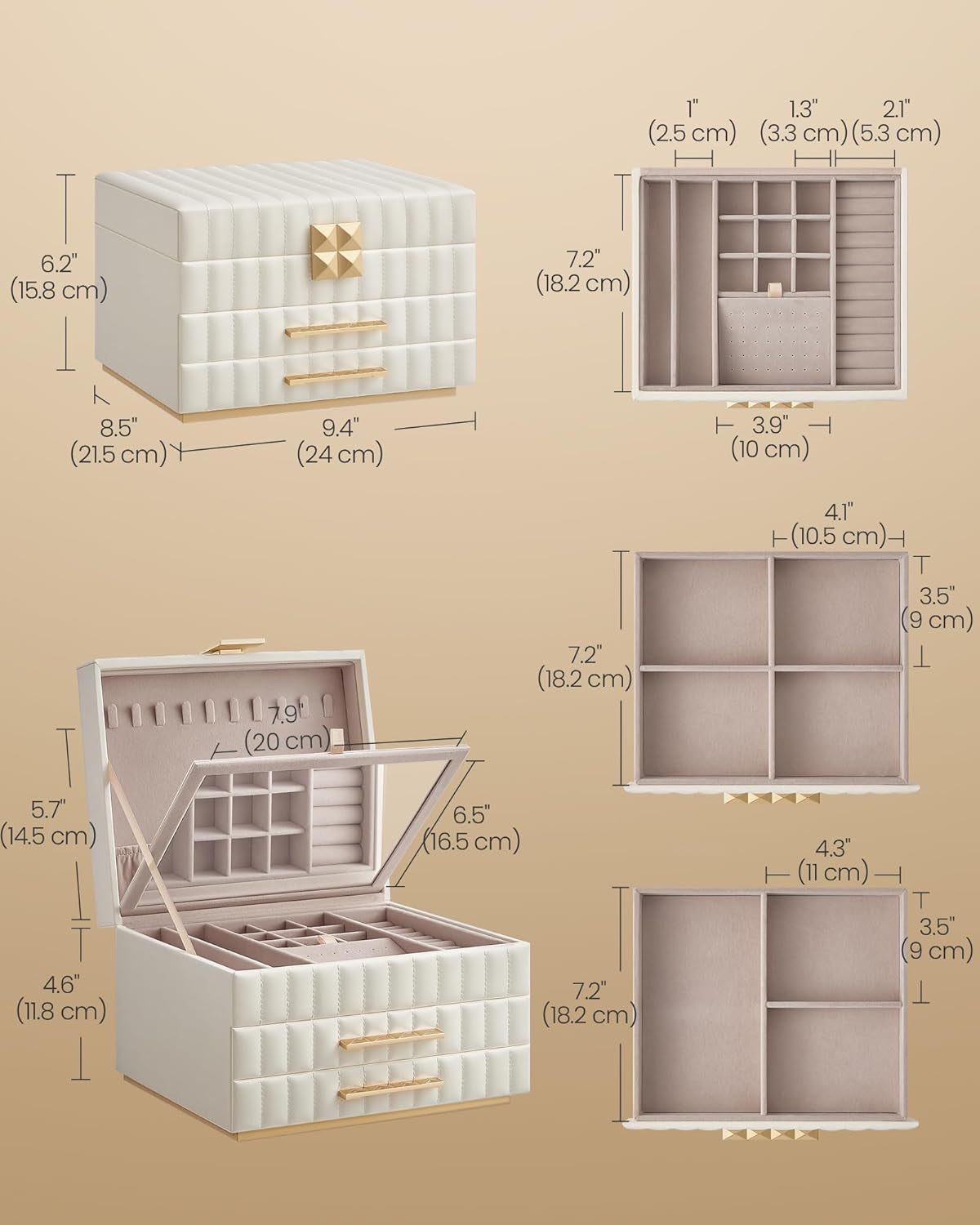HOME 3-Tier Jewelry Box with Mirror, Jewelry Organizer with 2 Drawers, PU Surface with Stitching, Floating Effect, 8.5 X 9.4 X 6.2 Inches, Cloud White, ANAH Collection UJBC183W01