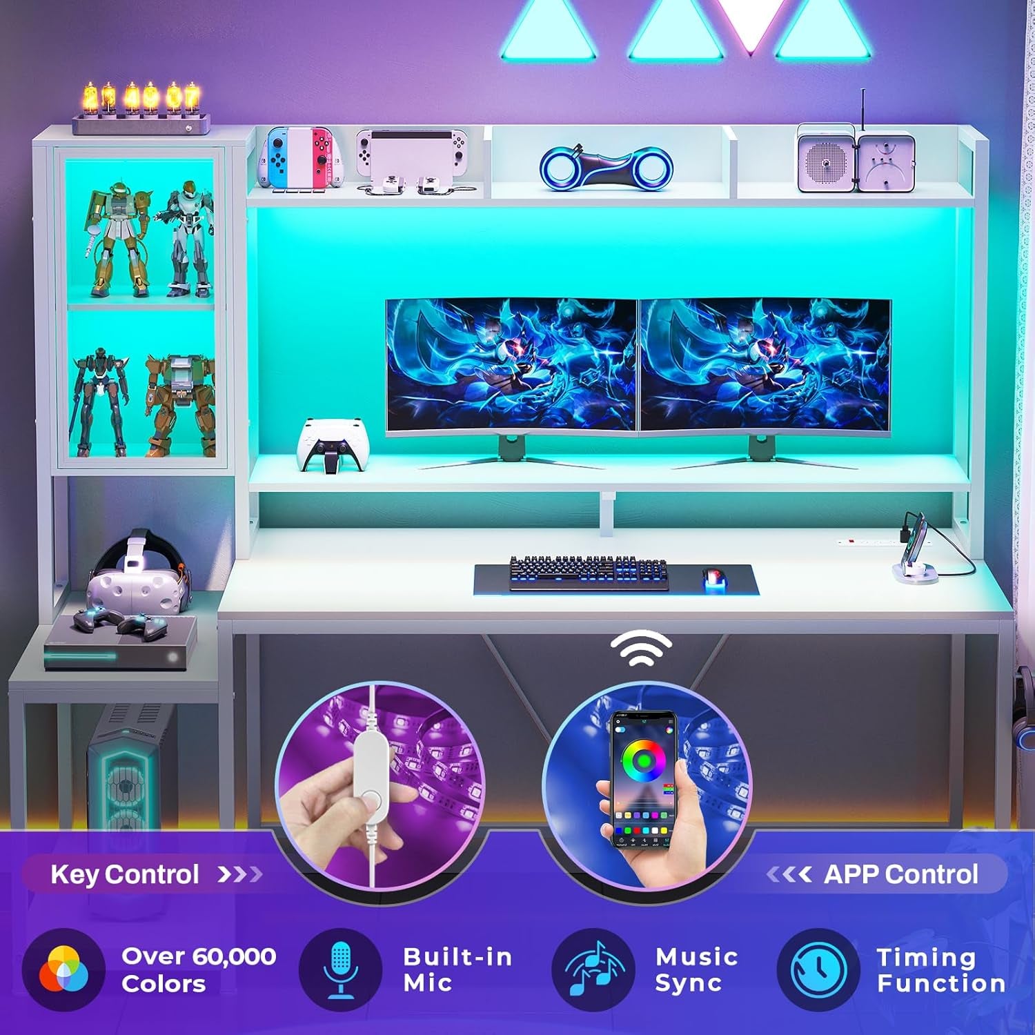 White Gaming Desk, 60'' Gaming Desk with Hutch and LED Lights, Computer Desk with Storage Shelves, Large PC Gamer Desk with Display Cabinet, Monitor Stand, Power Outlet for Home Office