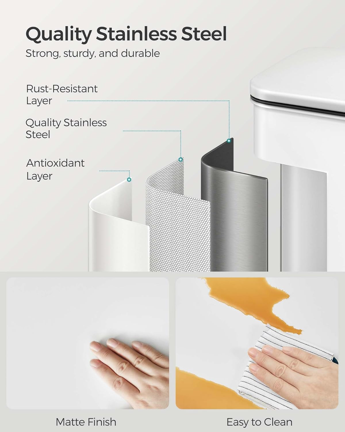 Kitchen Trash Can, 10.5 Gallon (40 L) Garbage Can, Large Step Trash Bin with Lid, Stainless Steel, Soft Close, 15 Trash Bags Included, White ULTB540W40