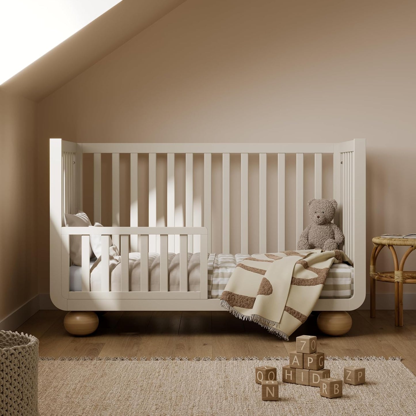Amalfi Convertible Crib with Toddler Guardrail (Frosted Oat & Driftwood) – GREENGUARD Gold Certified, Toddler Bed Conversion Kit Included, Fits Standard Crib Mattress, Converts to Full Bed
