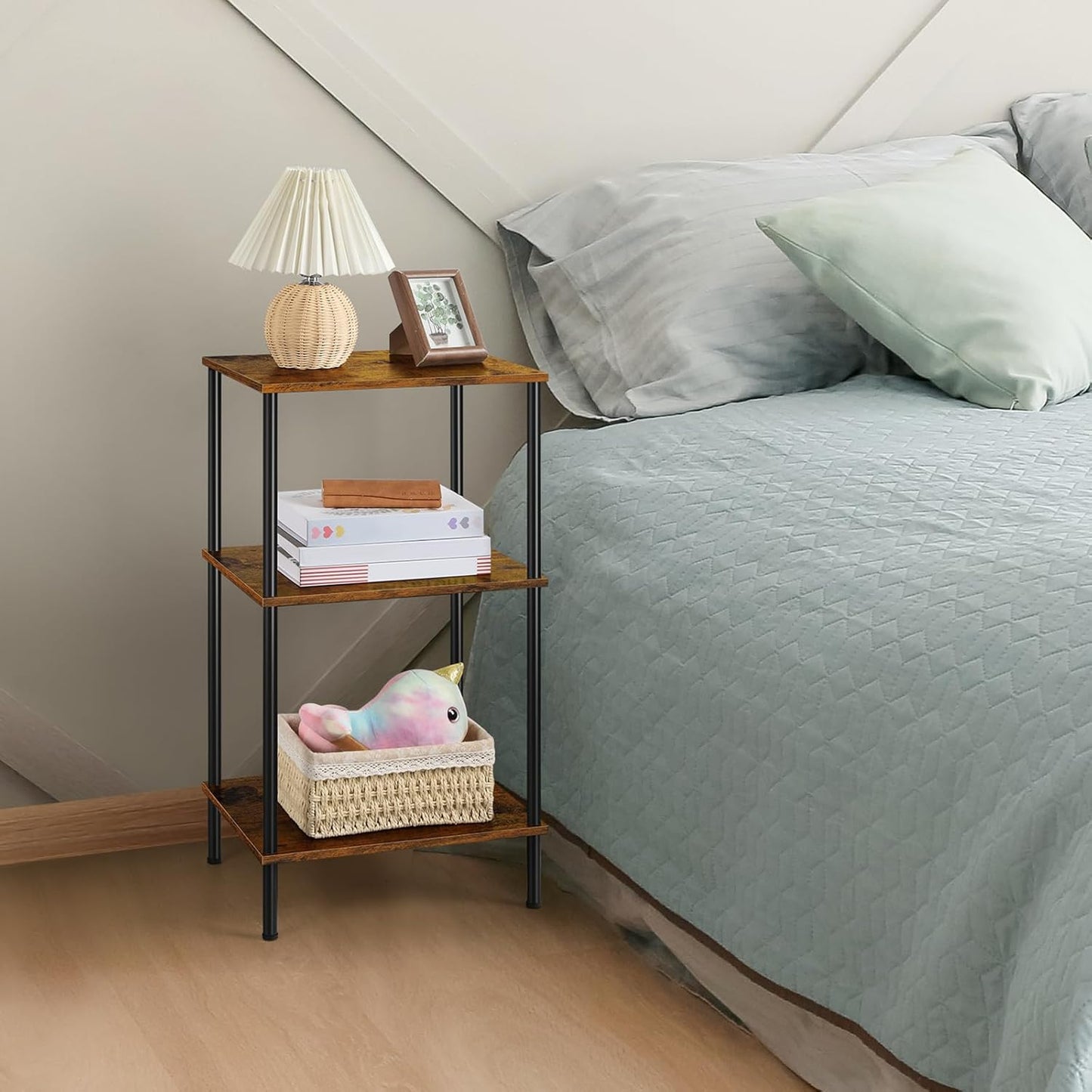 Tall Side Table 30 Inch Height Small Tall Bedside Table with Storage Shelves 3 Tier Narrow End Table Industrial Telephone Table for Living Room, Bedroom, Office, Rustic Brown