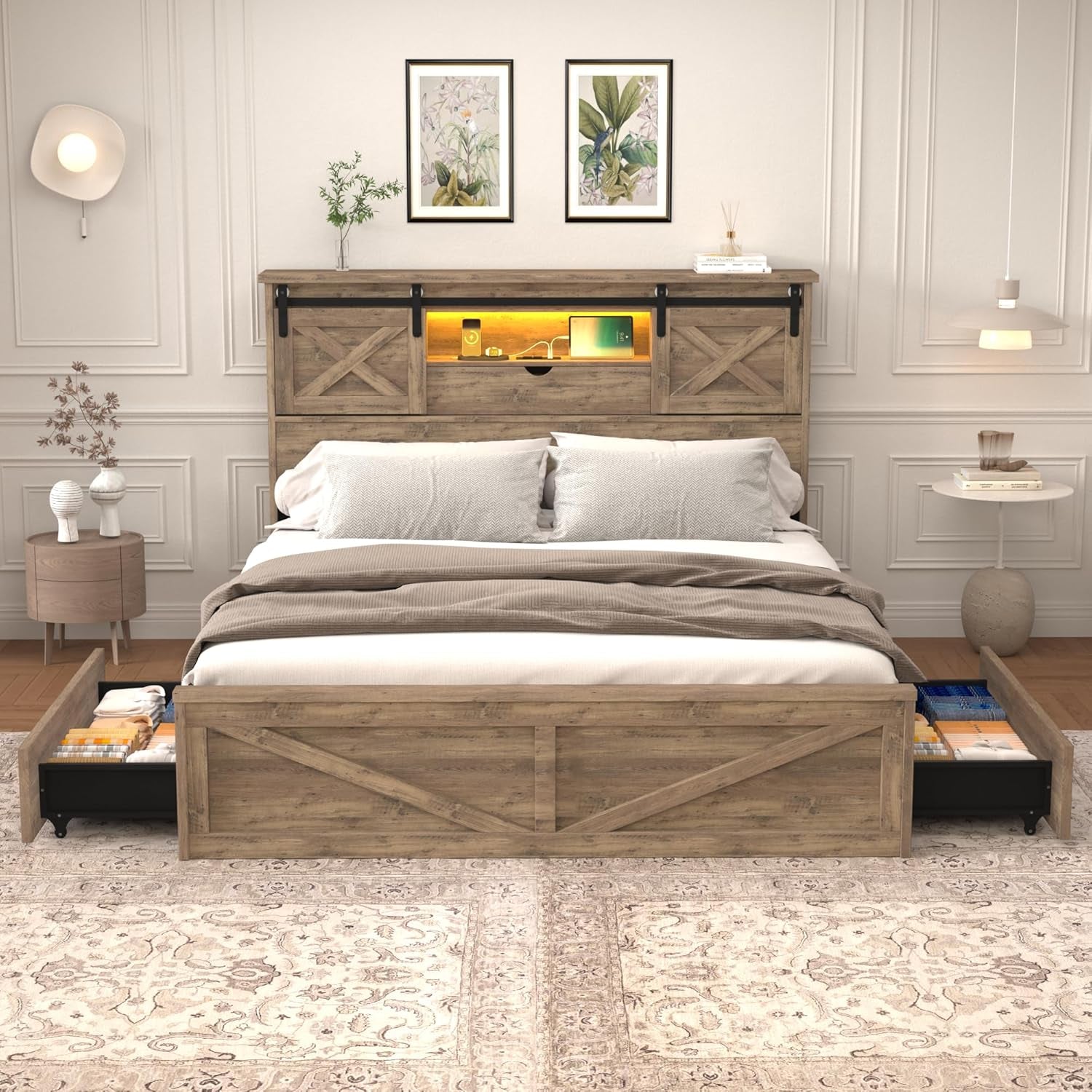 Farmhouse Queen Size Bed Frame with Storage Bookcase Headboard, Wooden Bed with LED Lights, Charging Station, 2 Drawers, Rustic Bed Frame with Sliding Barn Door for Bedroom (Grey Oak, Queen)
