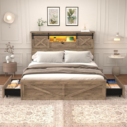 Farmhouse Queen Size Bed Frame with Storage Bookcase Headboard, Wooden Bed with LED Lights, Charging Station, 2 Drawers, Rustic Bed Frame with Sliding Barn Door for Bedroom (Grey Oak, Queen)