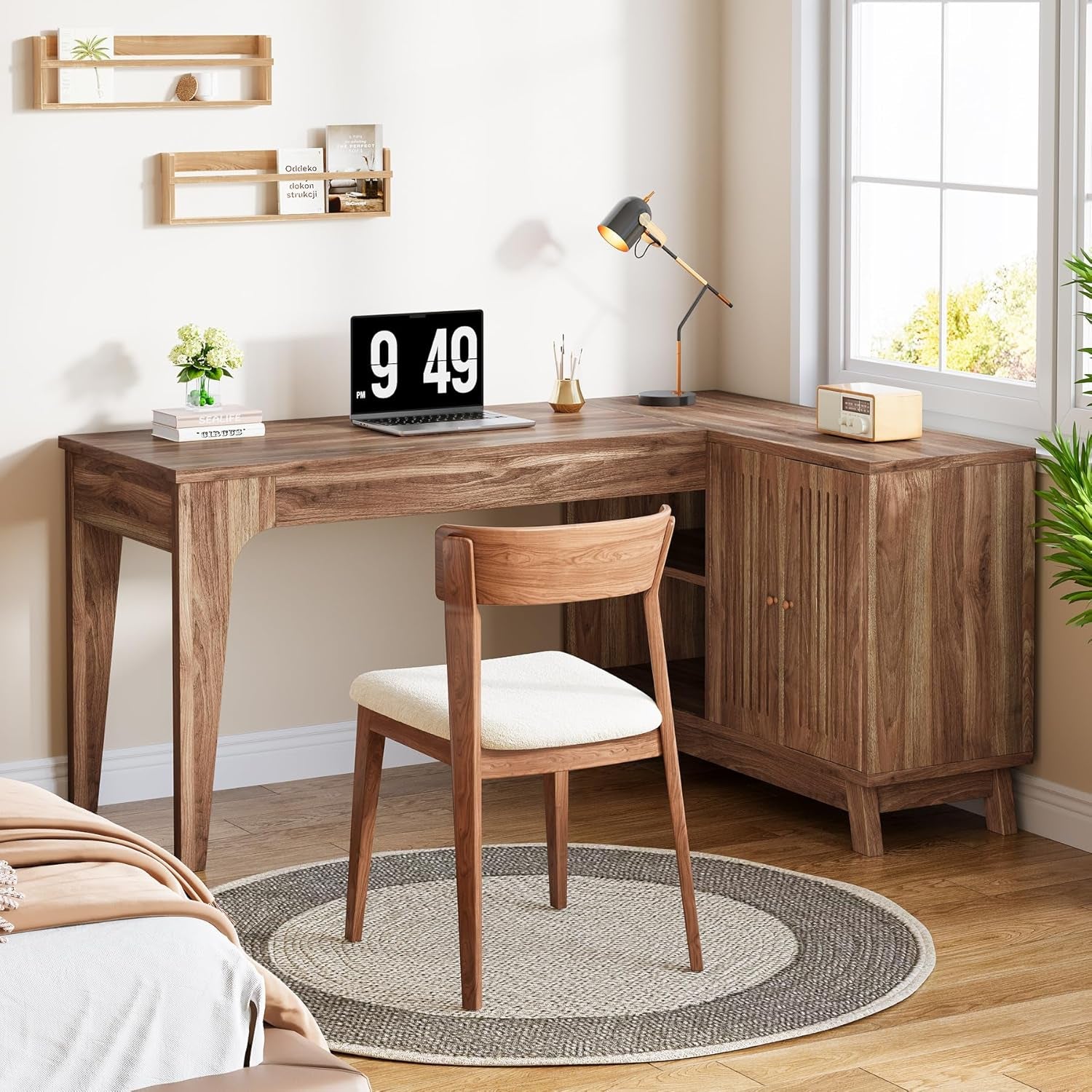 L-Shaped Desk with Storage Cabinet, 57-Inch Wood Corner Workstation, Home Office Computer Desk, Study Writing Table for Bedroom, Walnut