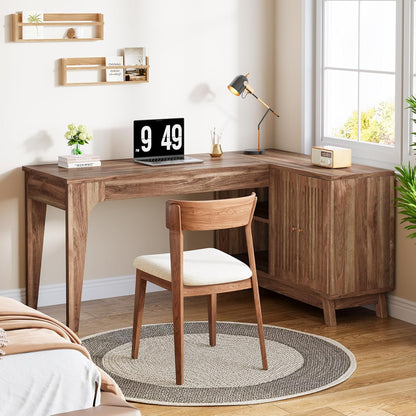 L-Shaped Desk with Storage Cabinet, 57-Inch Wood Corner Workstation, Home Office Computer Desk, Study Writing Table for Bedroom, Walnut