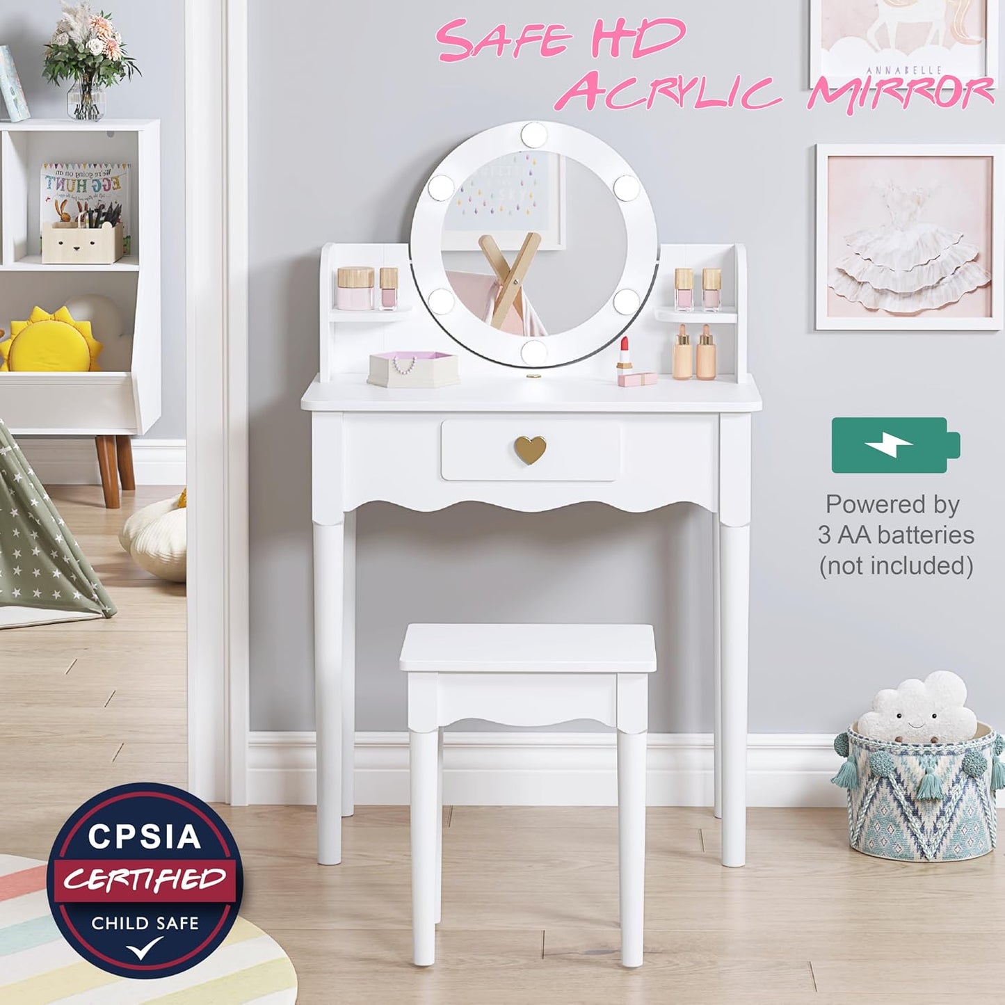 Kids Vanity, Girls Vanity Set with Mirror and Stool and Lights, Pretend Play Kids Vanity Table and Chair Set,Wooden Princess Makeup Desk Dressing Table, White