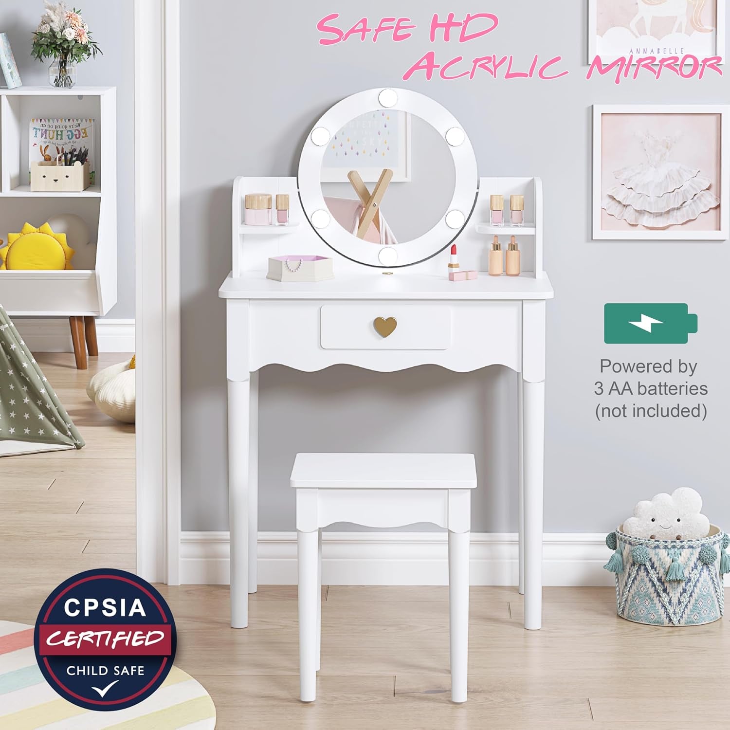 Kids Vanity, Girls Vanity Set with Mirror and Stool and Lights, Pretend Play Kids Vanity Table and Chair Set,Wooden Princess Makeup Desk Dressing Table, White