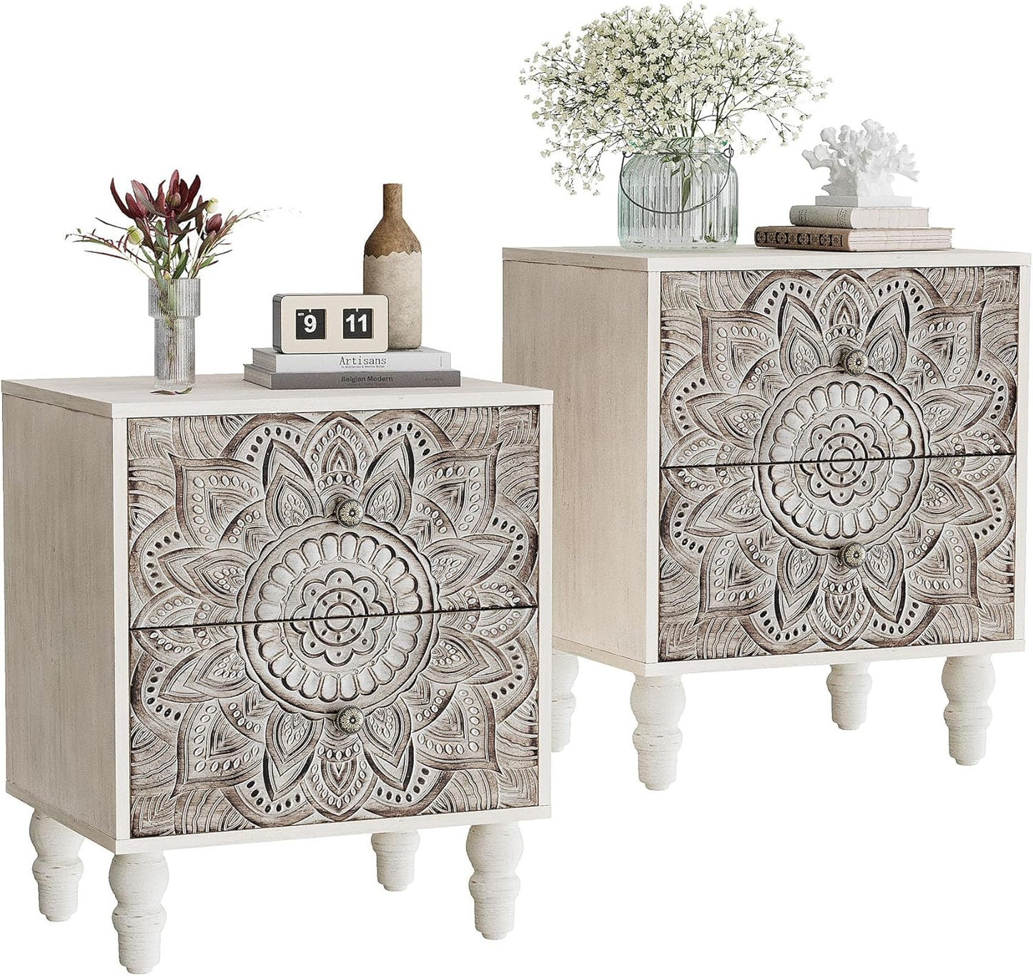 White Nightstands Set 2, Vintage Nightstands with 2 Drawers, Farmhouse Bedside Tables Set of 2, Easy to Assemble End Tables with Lotus Pattern for Small Spaces, Bedroom, Guest Room, White