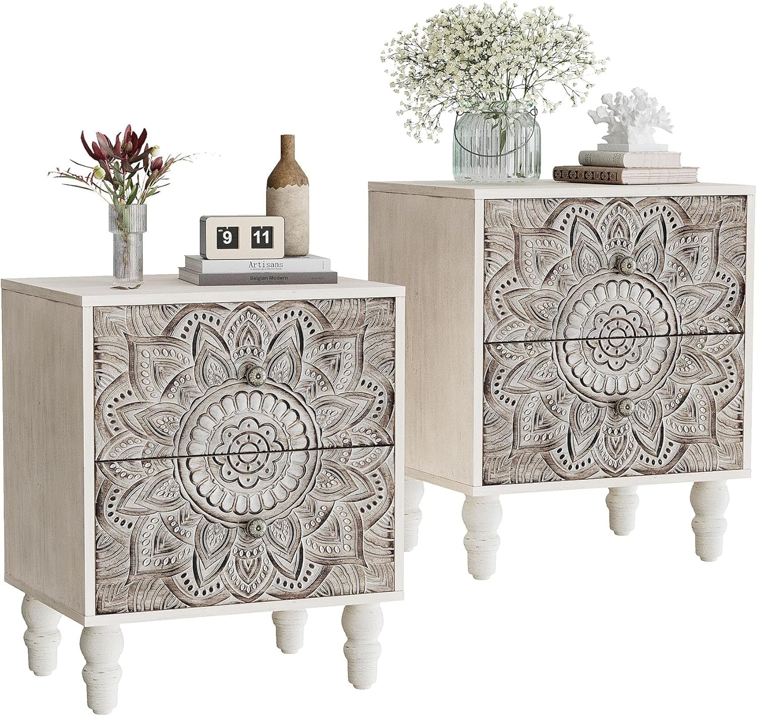 White Nightstands Set 2, Vintage Nightstands with 2 Drawers, Farmhouse Bedside Tables Set of 2, Easy to Assemble End Tables with Lotus Pattern for Small Spaces, Bedroom, Guest Room, White