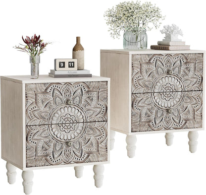 White Nightstands Set 2, Vintage Nightstands with 2 Drawers, Farmhouse Bedside Tables Set of 2, Easy to Assemble End Tables with Lotus Pattern for Small Spaces, Bedroom, Guest Room, White