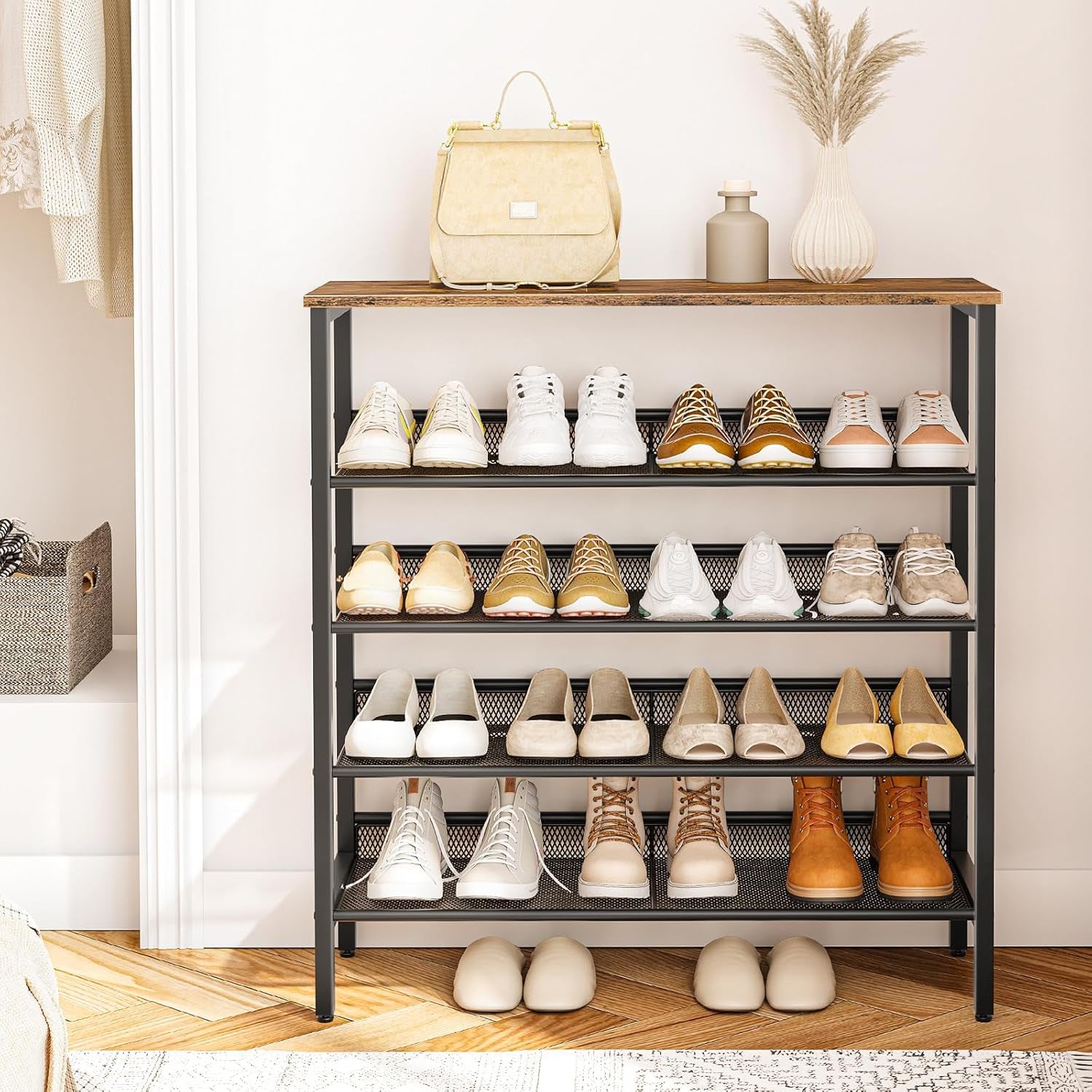 Shoe Rack, 5-Tier Shoe Storage Unit Flat & Slant Adjustable Shoe Organizer Shelf for 16 Pairs, Durable and Stable, for Entryway, Hallway, Closet, Dorm Room, Industrial, Rustic Brown BF01XJ01