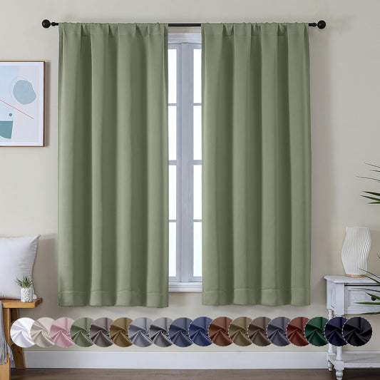 Ava Sage Green Blackout Curtains for Bedroom 63 Inch Length 2 Panels Set, Solid Thermal Insulated Energy Saving Rod Pocket Window Treatment Curtains Blackout Drapes, W40 X L63 Inch, Sage