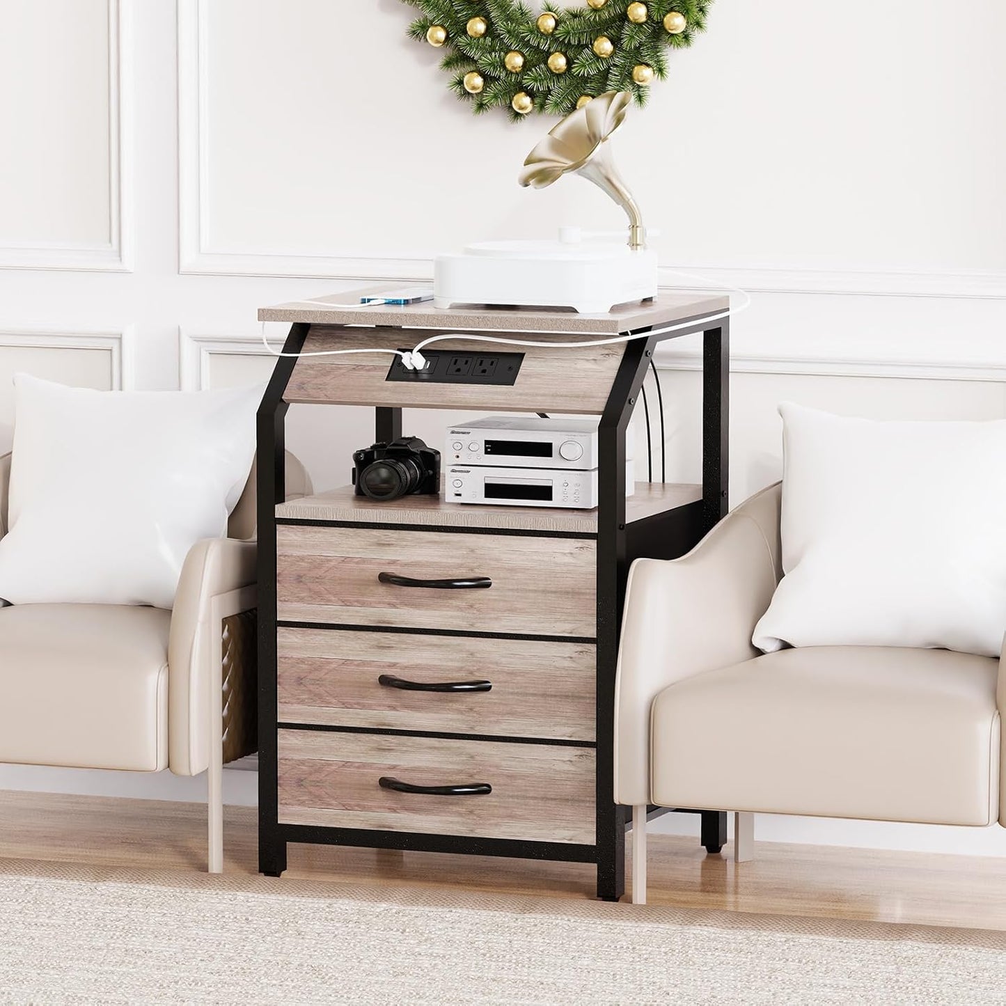 Night Stand Set of 2, Nightstands with Charger Station and LED Lights, End Tables Set with 3 Fabric Drawers, Storage Side Tables for Bedside, Living Room, Greige