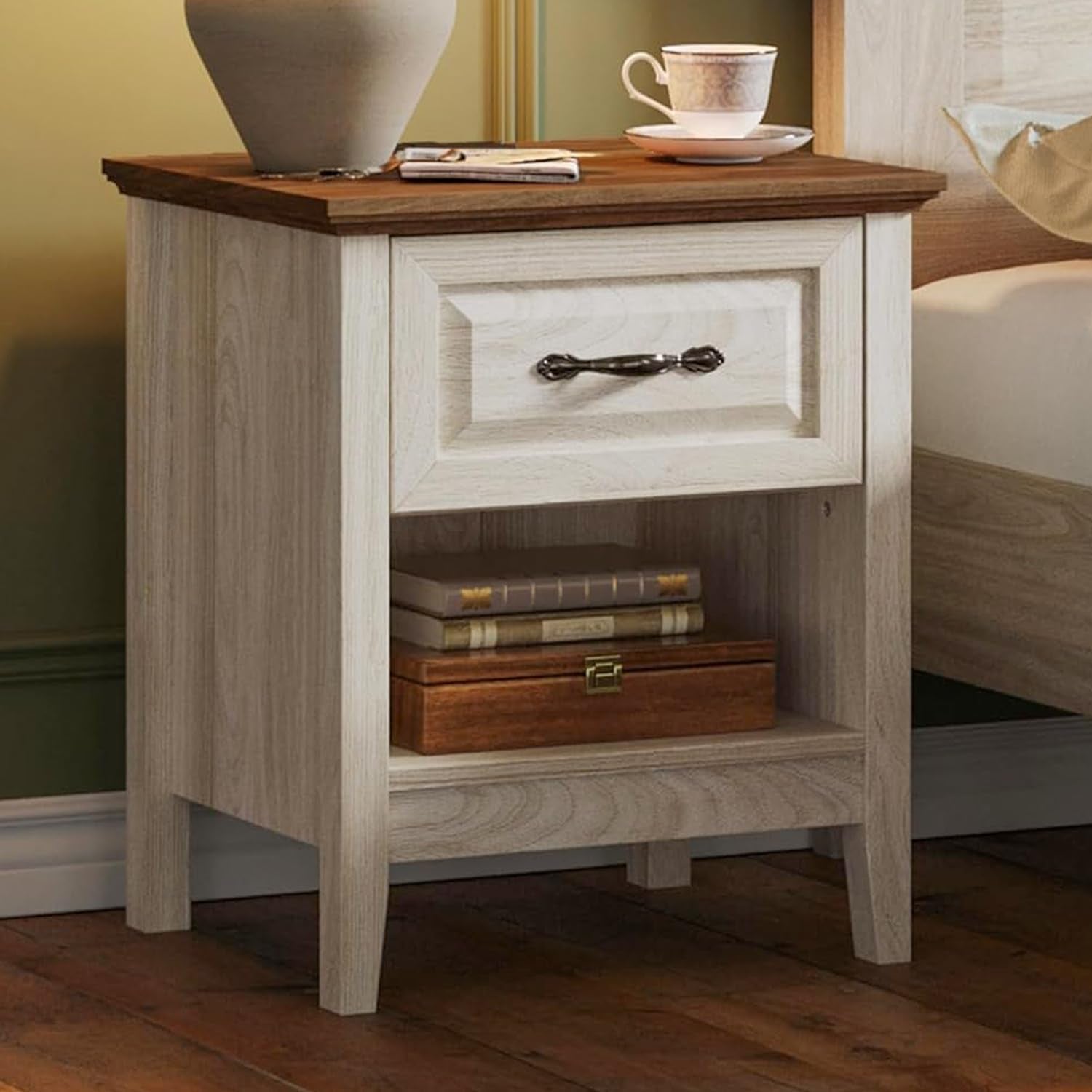 Night Stand 18.9" Farmhouse Wood Night Stand with Type-C Charging Station Open Storage Shelf Nightstands with Drawer Side Table End Table for Bedroom Living Room Sofa Couch Office Beige
