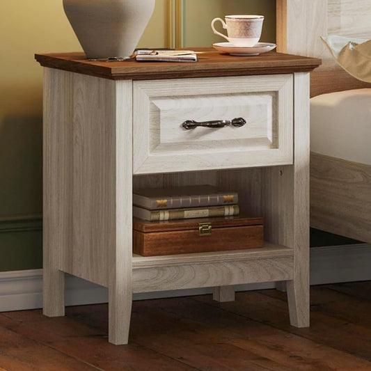 Night Stand 18.9" Farmhouse Wood Night Stand with Type-C Charging Station Open Storage Shelf Nightstands with Drawer Side Table End Table for Bedroom Living Room Sofa Couch Office Beige