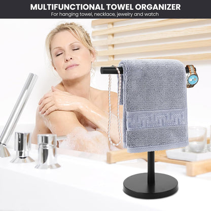 T-Shape Bath Hand Towel Holder Stand, Stainless Steel Free Standing Hand Towel Rack with Heavy Base, for Bathroom Kitchen & Countertop, Matte Black