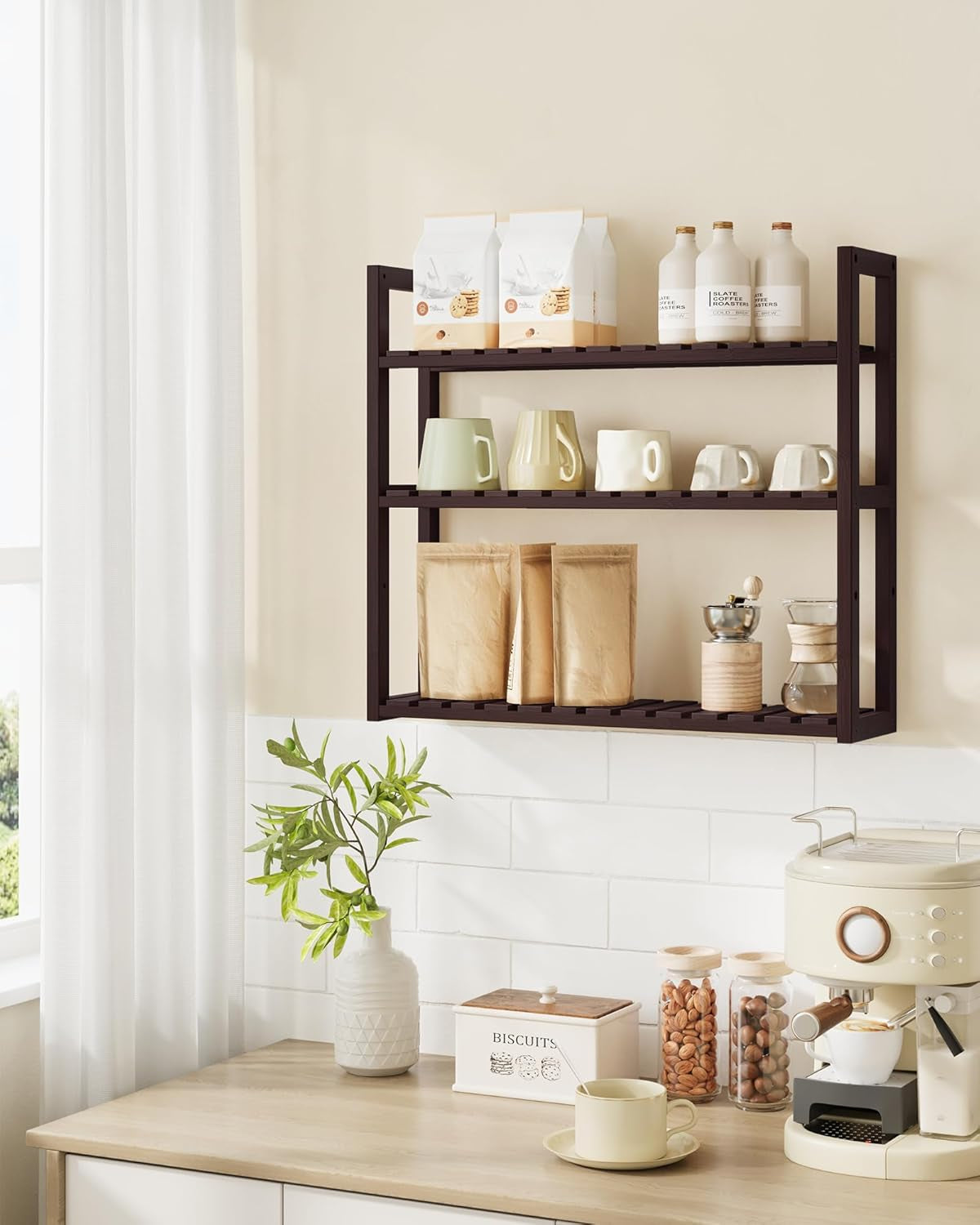 Bamboo Bathroom Shelf, 3-Tier Adjustable Plants Rack, Wall-Mounted or Stand, in the Living Room, Balcony, Kitchen, 5.9 X 23.6 X 21.3 Inches, Brown