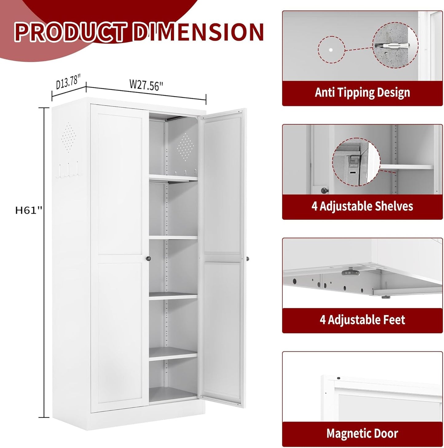 Kitchen Pantry Cabinet,61" White Pantry Storage Cabinet with 4 Tier Adjustable Shelves and 2 Doors,Freestanding Cupboard,Metal Pantry Cabinets with Handle for Living Room Kitchen Assembly Required