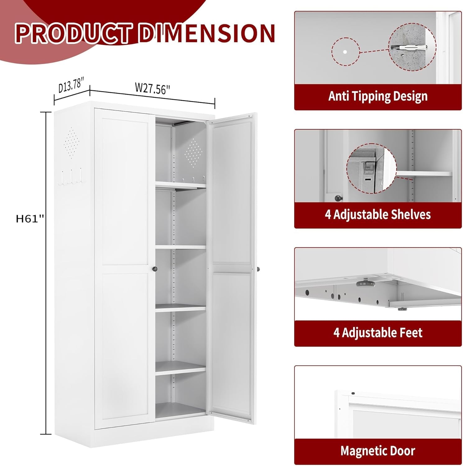 Kitchen Pantry Cabinet,61" White Pantry Storage Cabinet with 4 Tier Adjustable Shelves and 2 Doors,Freestanding Cupboard,Metal Pantry Cabinets with Handle for Living Room Kitchen Assembly Required