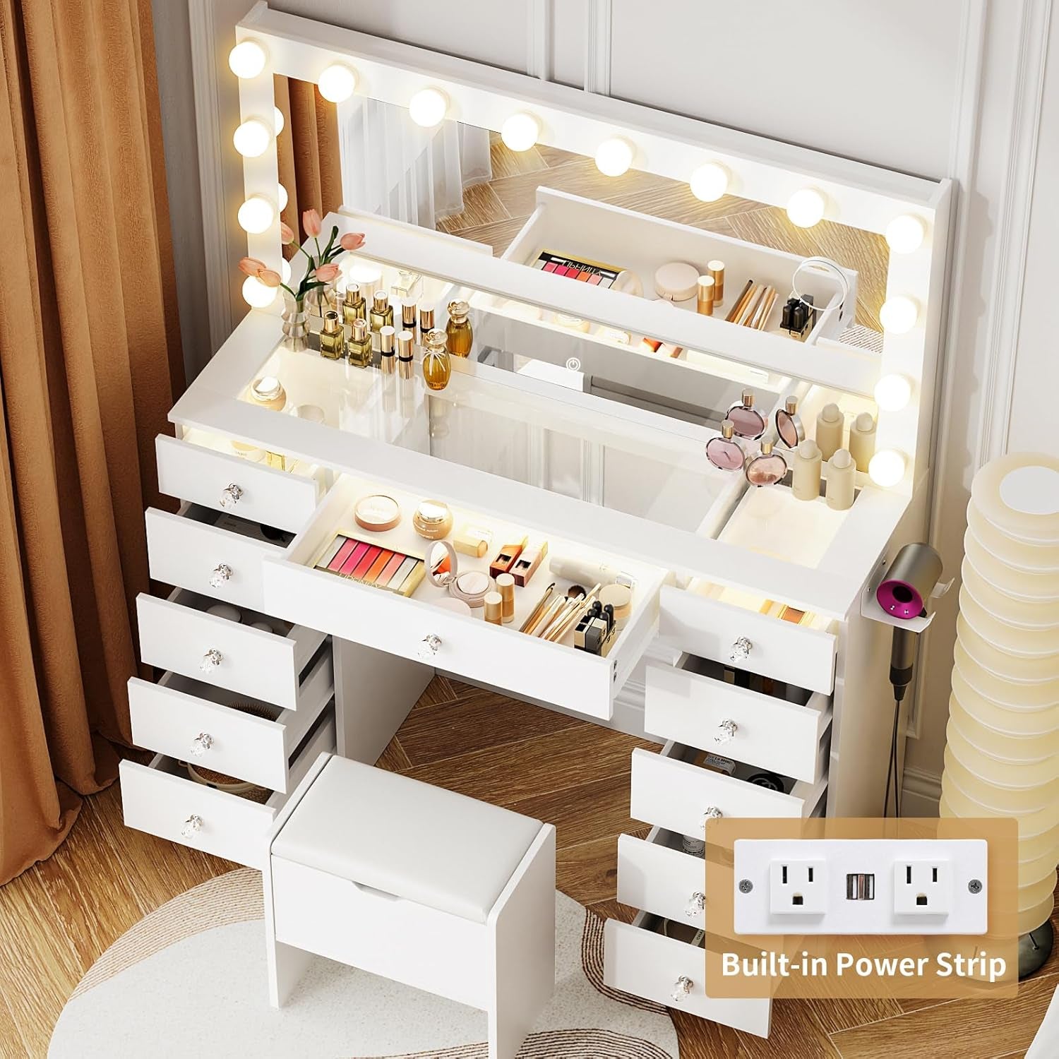 Vanity with Lighted Mirror - Makeup Vanity Desk with Glass Top and 11 Drawers, 3 Color Lighting Modes Adjustable Brightness, 46" Vanity Table with Soft Cushioned Stool for Bedroom, White