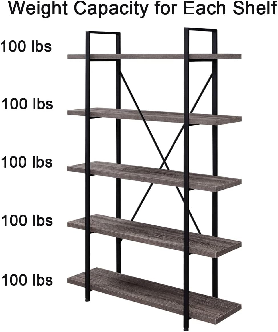 5-Shelf Vintage Industrial Rustic Bookshelf, 5 Tier Wood and Metal Bookcase, Open Etagere Book Shelf, Farmhouse Wooden Bookshelves, Light Grey Oak