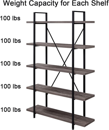 5-Shelf Vintage Industrial Rustic Bookshelf, 5 Tier Wood and Metal Bookcase, Open Etagere Book Shelf, Farmhouse Wooden Bookshelves, Light Grey Oak