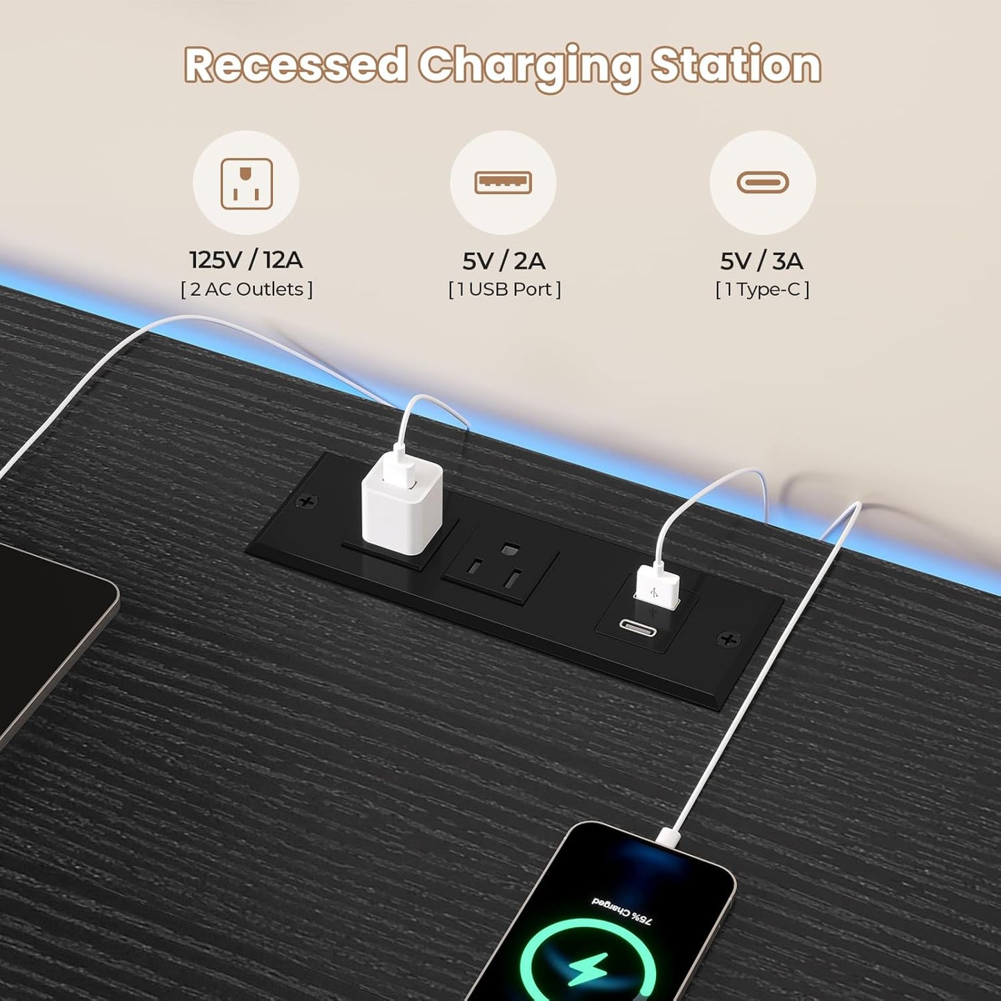 TV Stand for 65 Inch TV, 63" W TV Console Table with LED Lights & Charging Station, Long Dresser with 11 PU Drawers, Large Entertainment Center with Shelves for Bedroom,Black