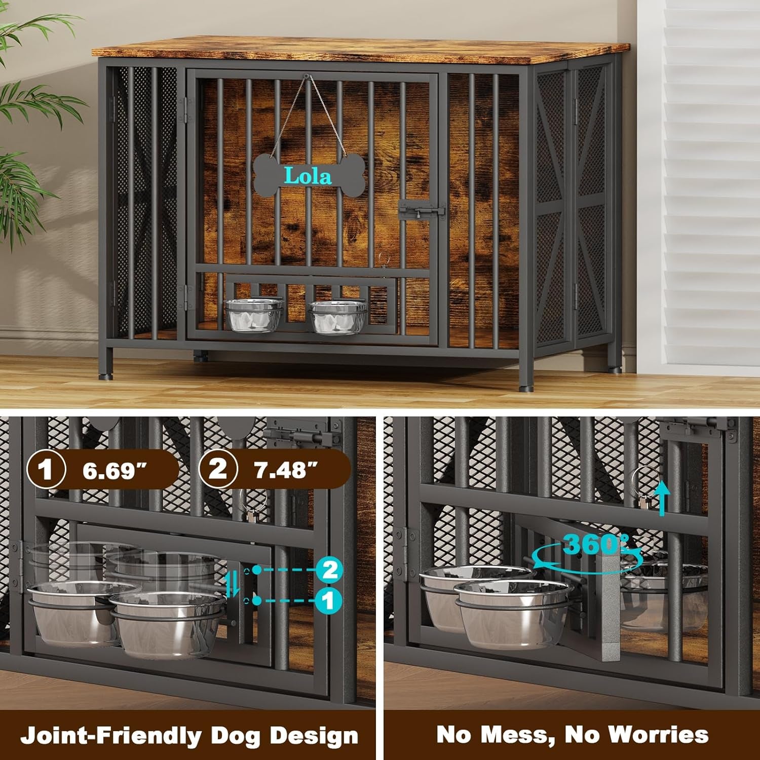 Foldable Large Dog Crate Furniture, 41.3" Assembly-Free Dog Crates for Large Dogs, Wooden Dog Kennel Indoor with Tag & Dog Bowls, Dog Cage Use as TV Stand, Rustic Brown