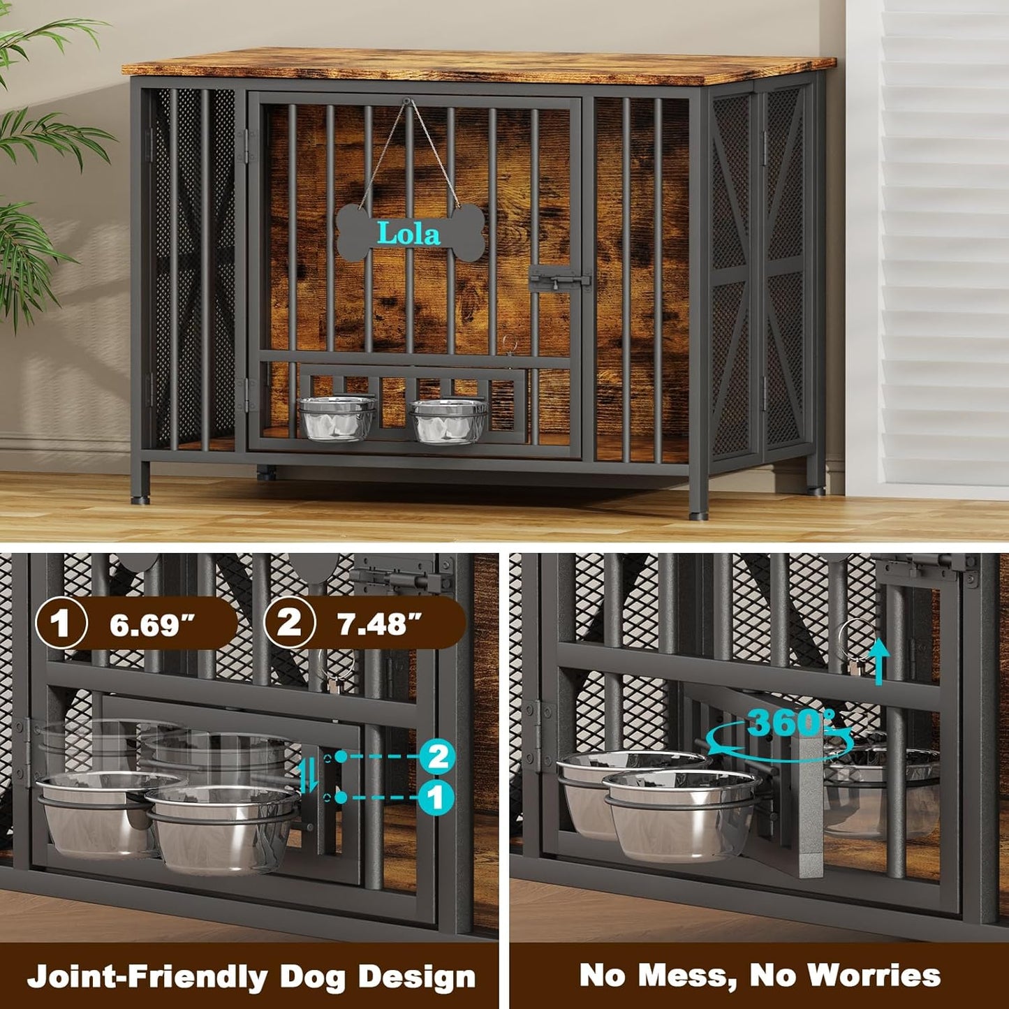 Foldable Dog Crate Furniture, 31.5" Dog Crates for Small/Medium Dogs, Wooden Dog Kennel Indoor with Tag & Adjustable Dog Bowls, Dog Cage Use as End Table/Tv Stand, Oak Grey
