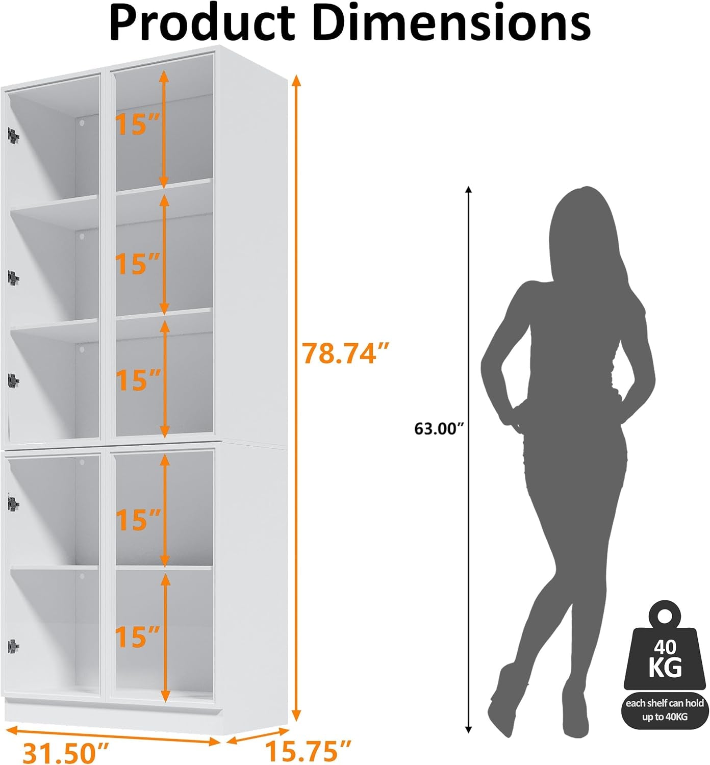 79'' Tall Glass Display Cabinet with LED Lights,Showcase with Glass Doors,5-Tier Curio Cabinet for Collectibles Bookcase,Storage Shelf, Bookcase (White- 5 Layers, Large)