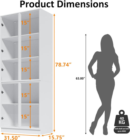 79'' Tall Glass Display Cabinet with LED Lights,Showcase with Glass Doors,5-Tier Curio Cabinet for Collectibles Bookcase,Storage Shelf, Bookcase (White- 5 Layers, Large)