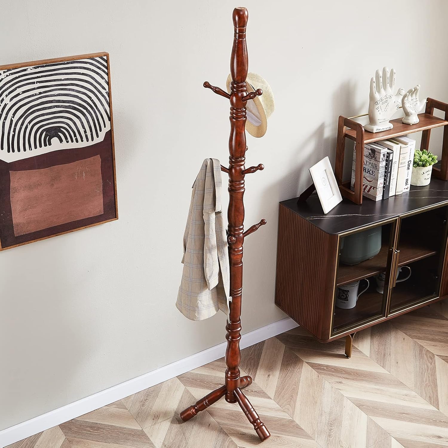 Coat Rack, Natural Wood Coat Racks with 3 Height Options and 9 Hooks,Coat Tree Ease of Assembly,Freestanding Hall Tree for Home/Office/Entryway/Hallway (Walnut)