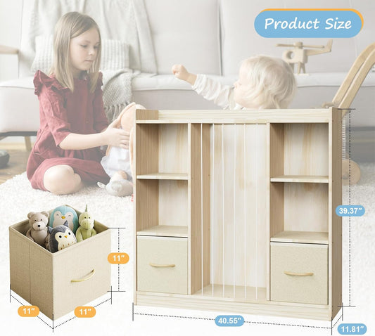 Toy Storage Organizer with Stuffed Animal Storage, Wooden Toy Organizer & Stuffed Animal Zoo, 6 Cubes Shelf with Removable Drawers, 4 -In-1 Book Shelf for Kids Room, Playroom, Nursery