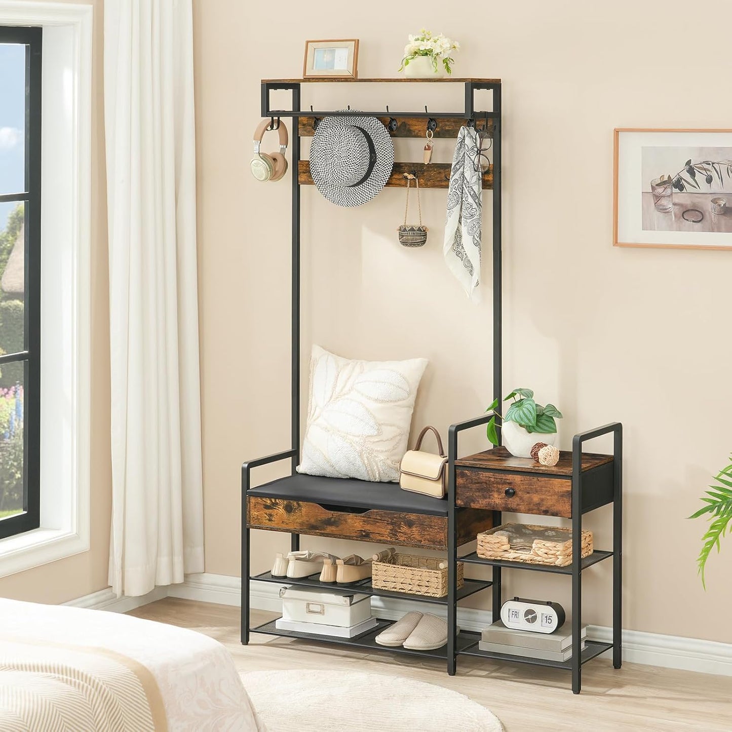 Hall Tree with Bench, Shoe and Coat Rack for Entryway, Coat Rack with Bench, Flip Top Storage Box, PU Cushioned Seat, Non-Woven Fabric Drawer, for Entrance, Rustic Brown and Black BF110MT01