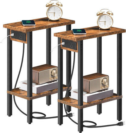 Small End Table with Charging Station, Set of 2, Narrow Side Table with USB Port and Outlets, Skinny Sofa Table, Slim Nightstand, Living Room, Bedroom, Rustic Brown and Black BF240UBZP201