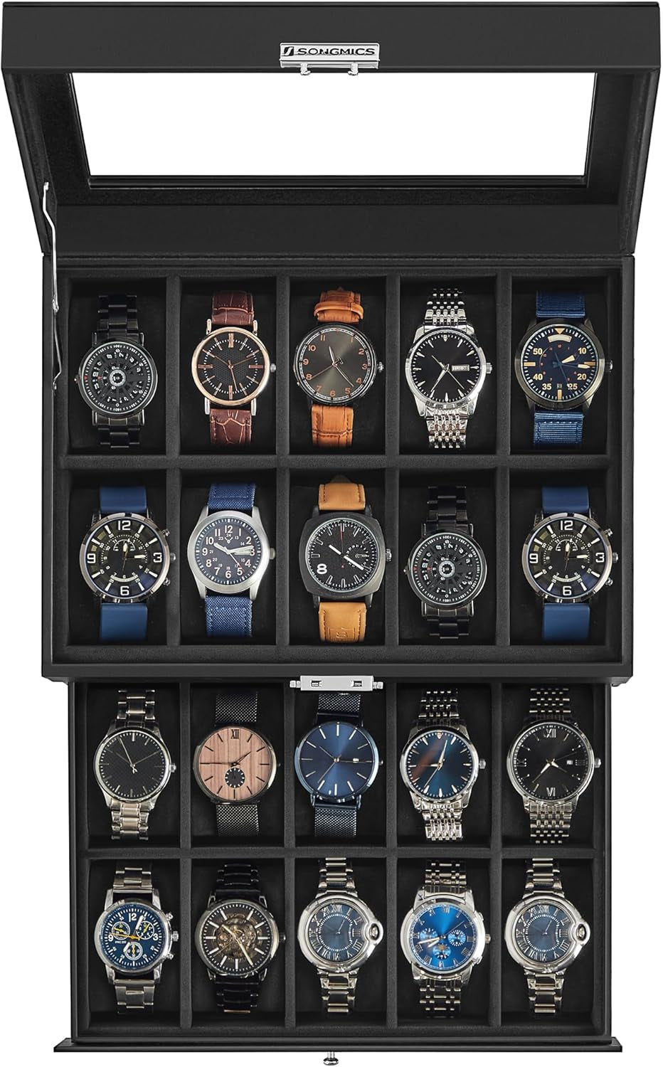 Watch Box, 20-Slot Watch Case Organizer with Large Glass Lid, Removable Pillows, Metal Lock, Gift for Loved Ones, Black Synthetic Leather, Wine Red Lining UJWB020R01