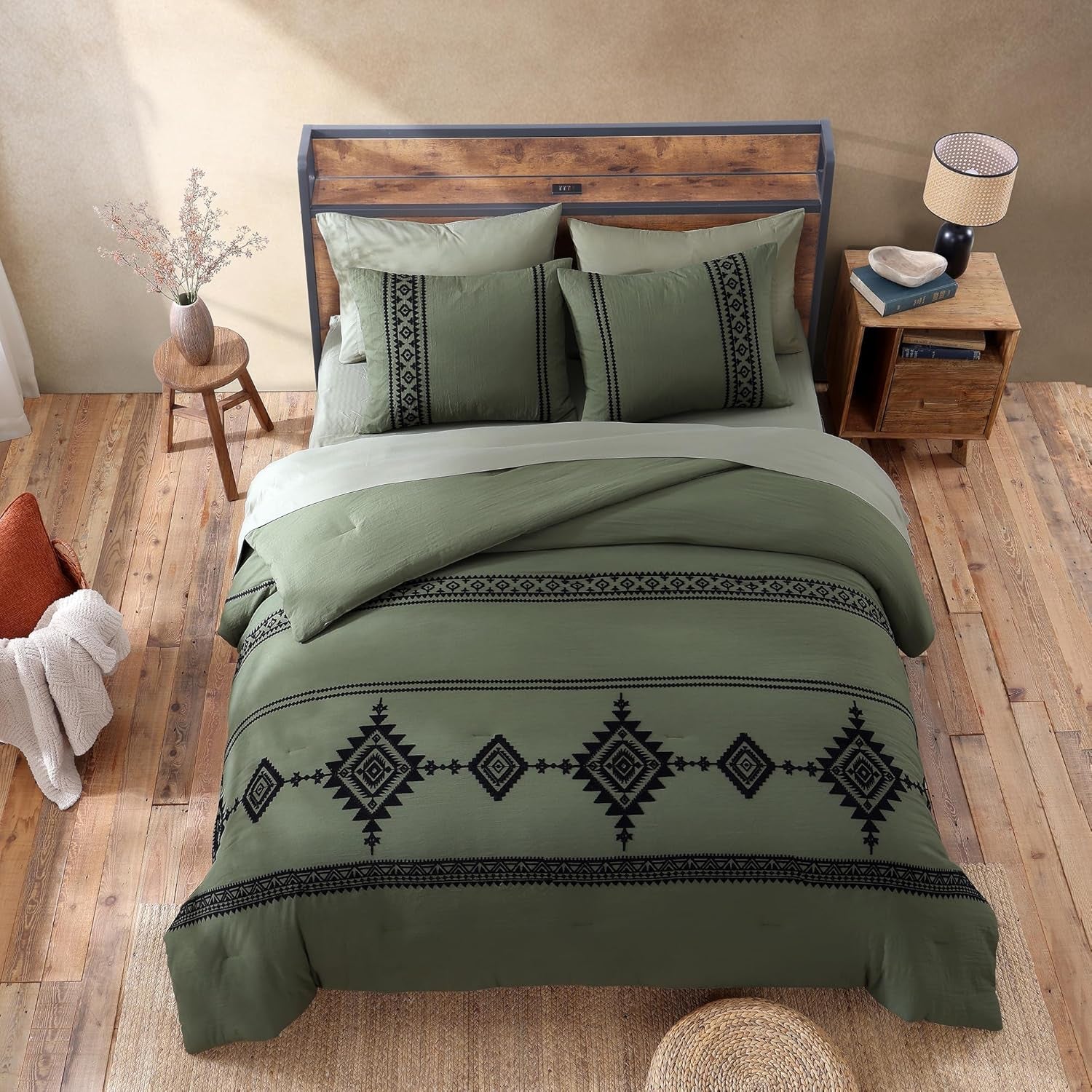 MAIREVE Embroidery Comforter Sets King Size Olive Green - 7 Pieces, Farmhouse Western Bedding Comforter Set, All Season Bed in a Bag King with Sheets, Comforters, Pillowcases & Shams