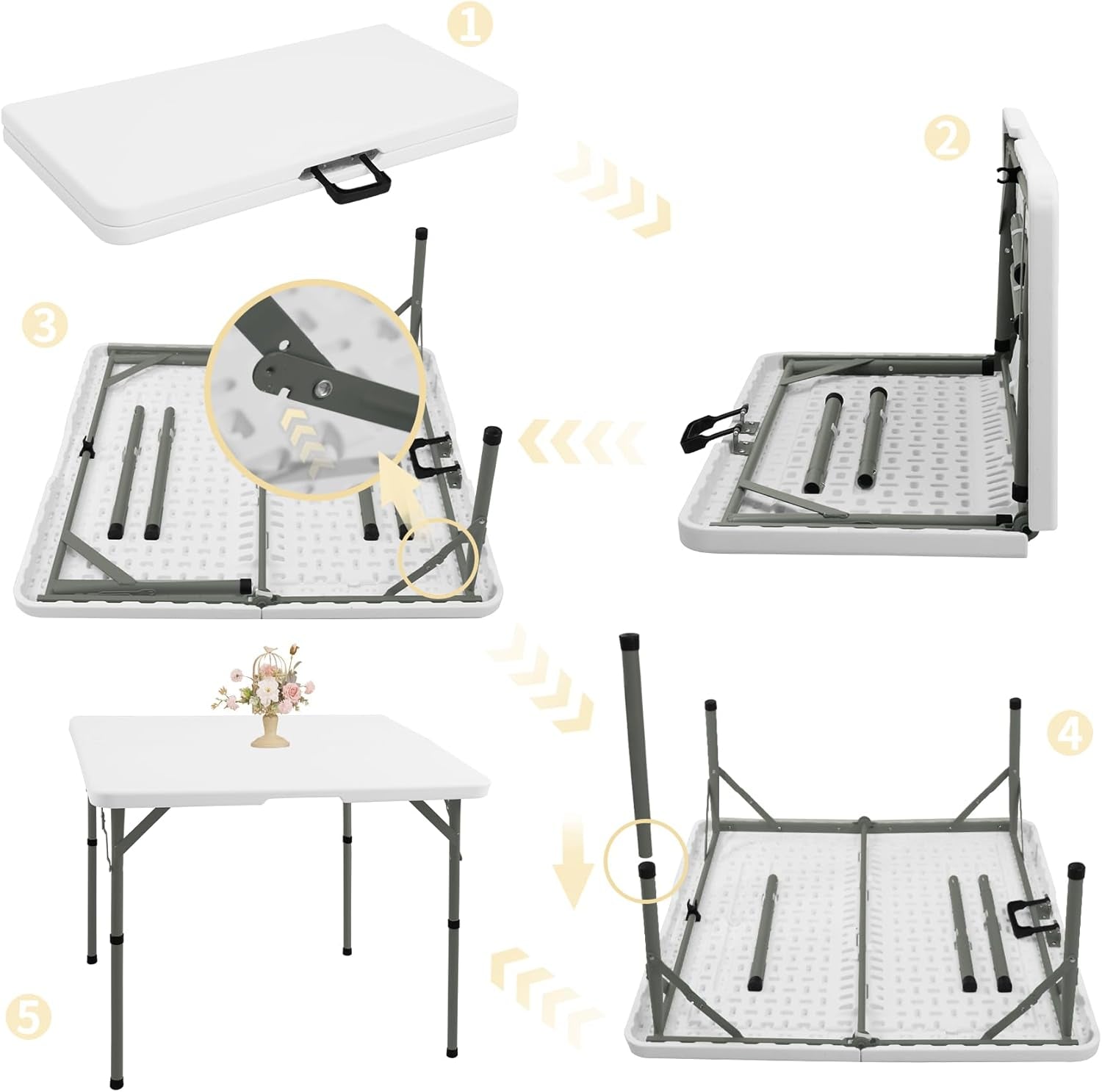 34" Square Folding Table,Multi-Functional Portable Folding Card Table with Carrying Handle for Indoor Outdoor Camping,Picnic, Office, Party Use, HDPE Plastic Tabletop with Metal Frame(White)