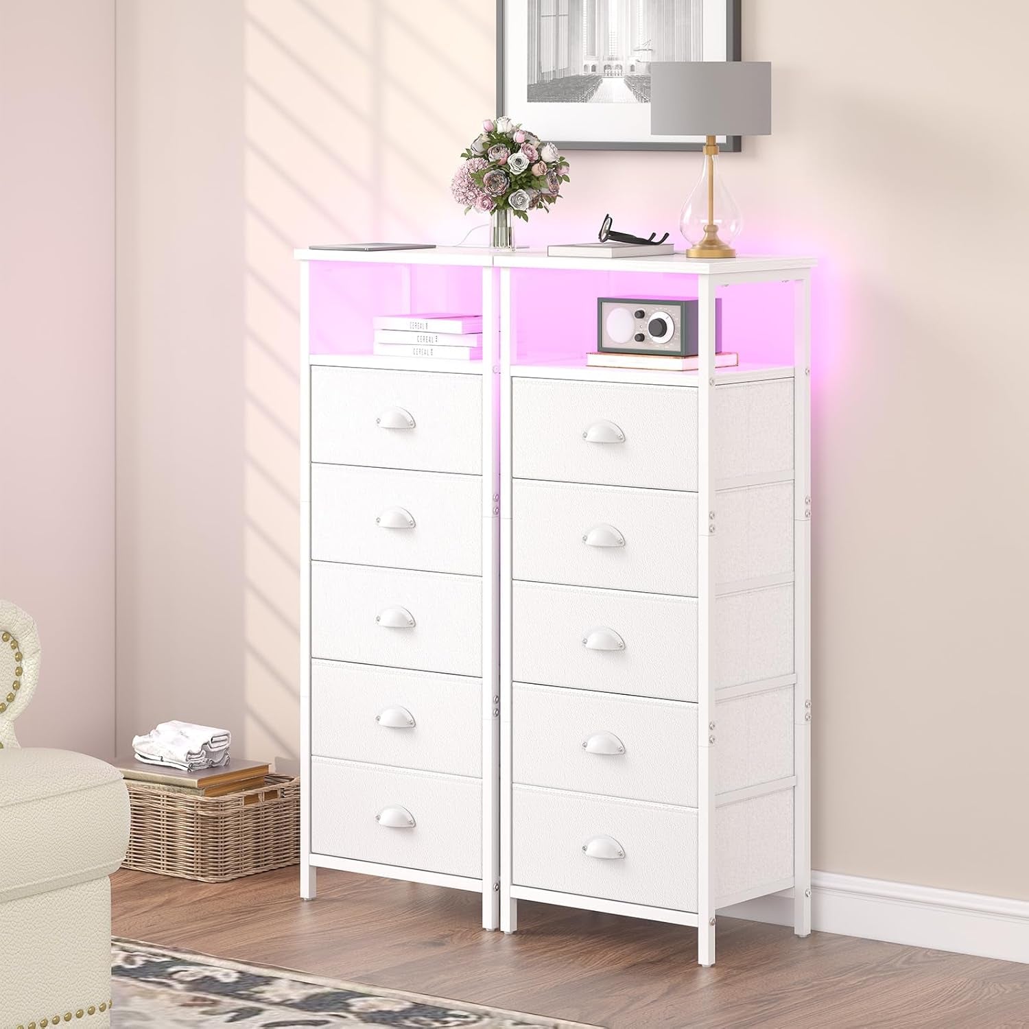 Nightstand with Charging Station,Led White Nightstands with 5 Fabric Drawers PU Finish, Bedside End Tables, 2-Tier Open Storage Shelf Side Table Nightstand with Drawers for Bedroom,White