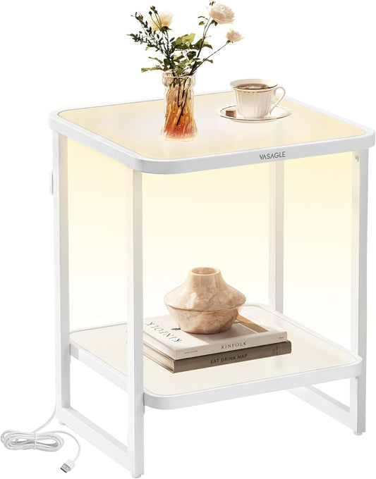 End Table, 2-Tier Side Table with LED Lights, Modern Nightstand, Square Bedside Table, Frosted Glass, Bottom Shelf, for Bedroom, Cloud White and Pearl White ULET232W01