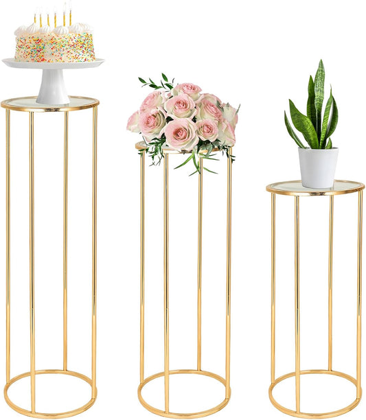 3PCS Cylinder Stands for Party, Gold Metal round Pedestal Stand, Flower Stand, Plant Stand, Cake Stand, Display Stand Tables for Weddings Party Birthday Festival Backdrop Decoration