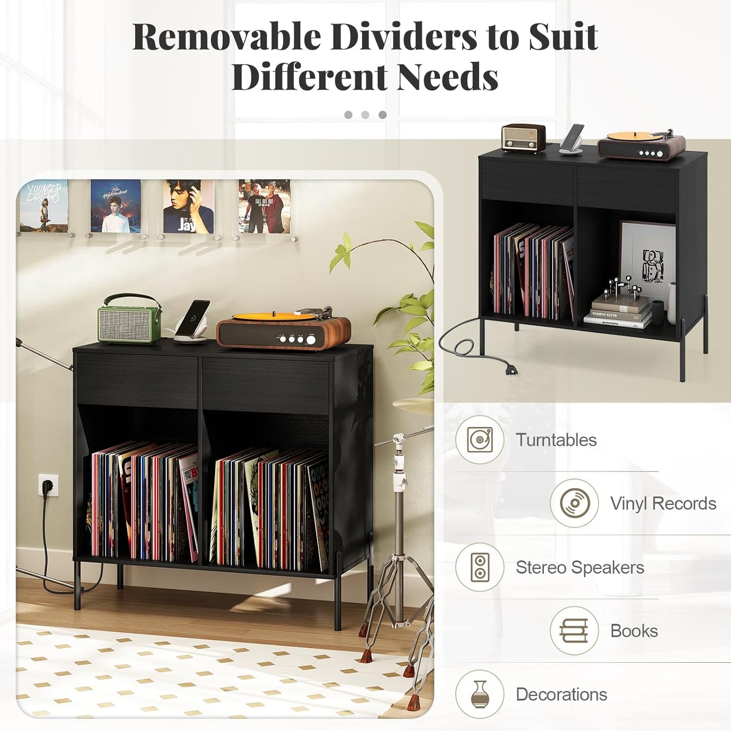 Large Record Player Stand with Charging Station, Mid Century Wood Turntable Stand with 2 Storage Drawers & Compartments, Vinyl Record Storage for Living Room (Black)