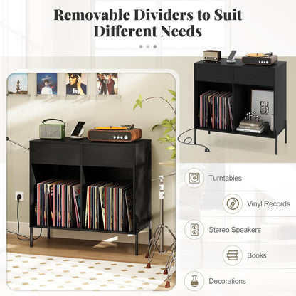 Large Record Player Stand with Charging Station, Mid Century Wood Turntable Stand with 2 Storage Drawers & Compartments, Vinyl Record Storage for Living Room (Black)