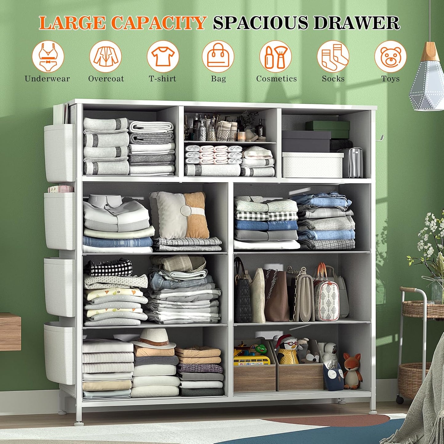 White Dresser for Bedroom with 10 Drawers, Chest of Drawers with Side Pockets and Hooks, PU Storage Dresser, Organizer Unit for Living Room, Hallway, Closet (White)