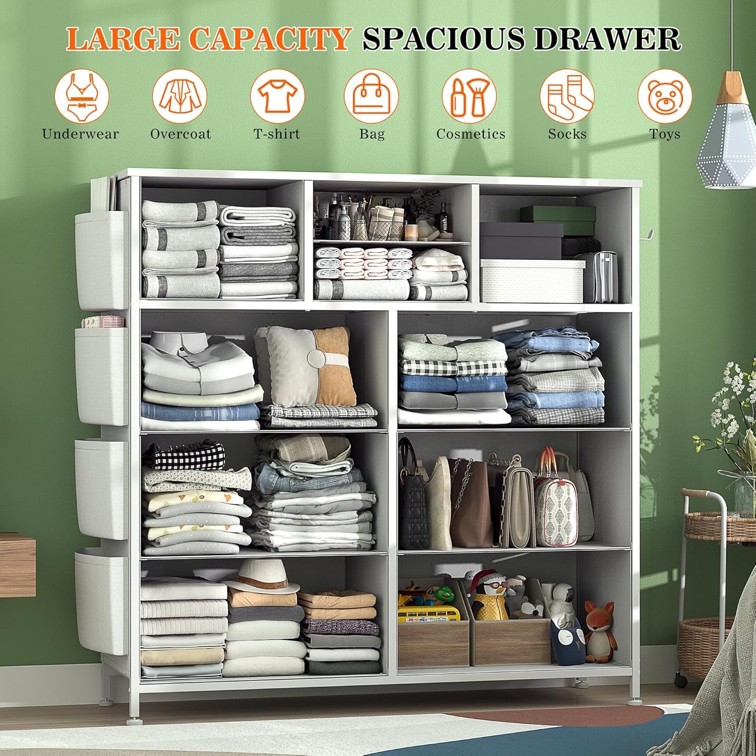 White Dresser for Bedroom with 10 Drawers, Chest of Drawers with Side Pockets and Hooks, PU Storage Dresser, Organizer Unit for Living Room, Hallway, Closet (White)