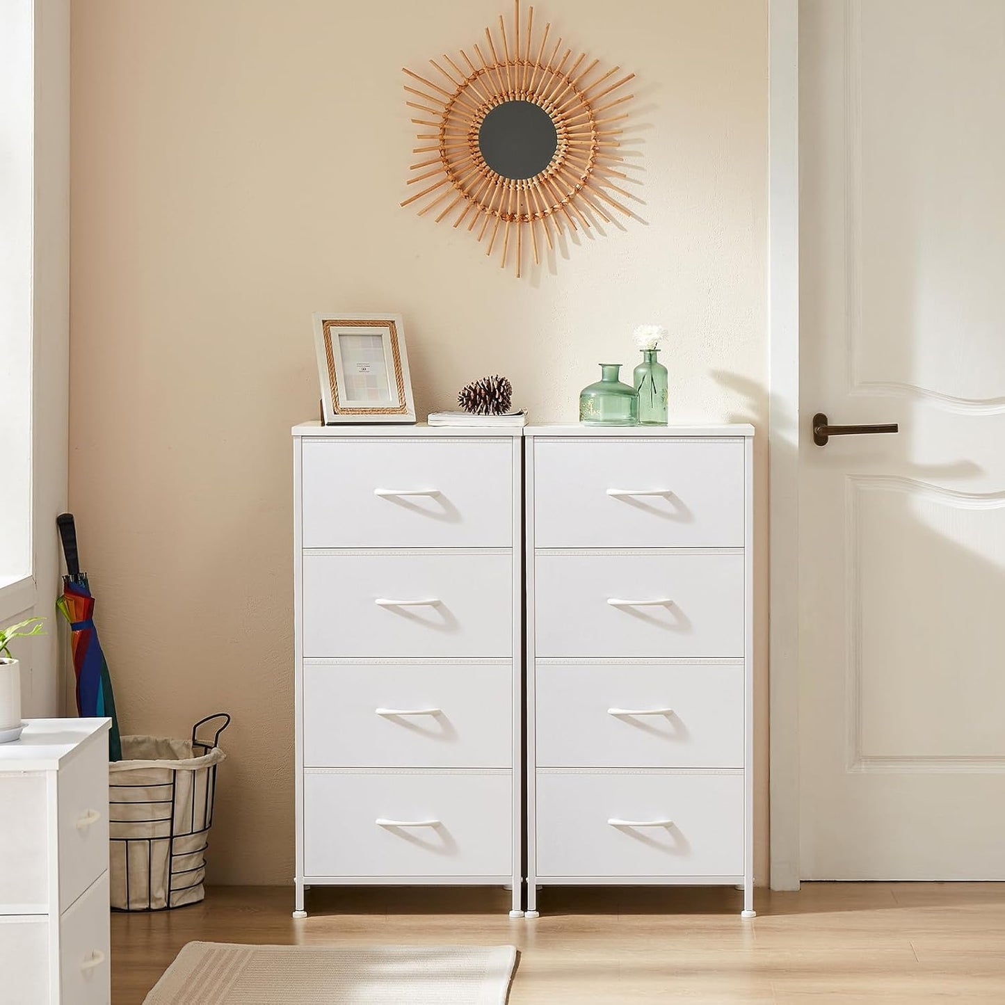 Nightstand with 4 Drawers Bedside Table with Removable Fabric Bins Sturdy Steel Frame Wood Top Organizer Furniture for Bedroom Nursery Closet Living Room