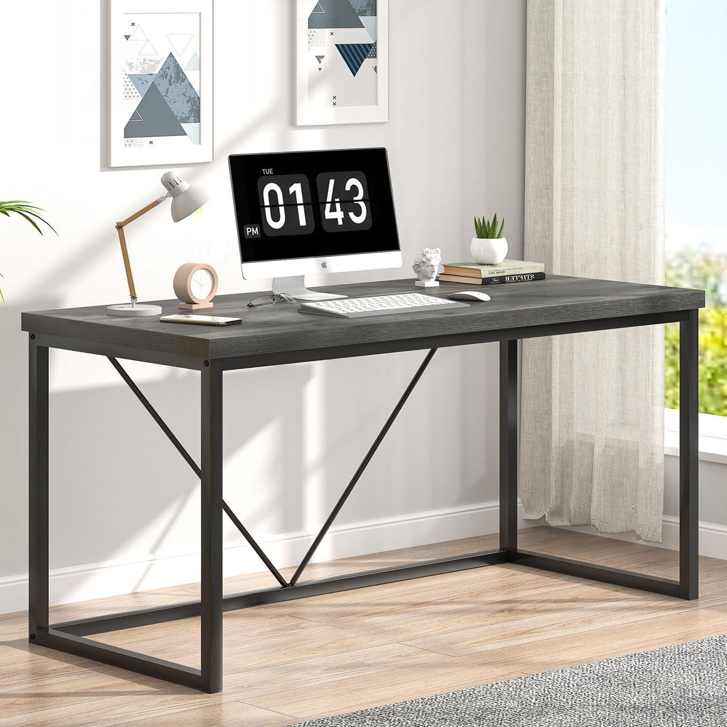 Modern Home Office Desk, Wood and Metal Computer Desk, Industrial Writing Study Gaming Table for Living Room Bedroom, Rustic Grey, 53 Inch